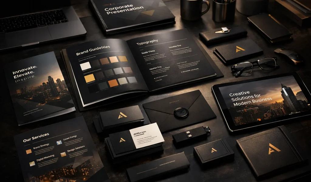 Premium branding workspace with marketing collateral including brochures, business cards, and corporate identity design elements in a dark modern studio setup